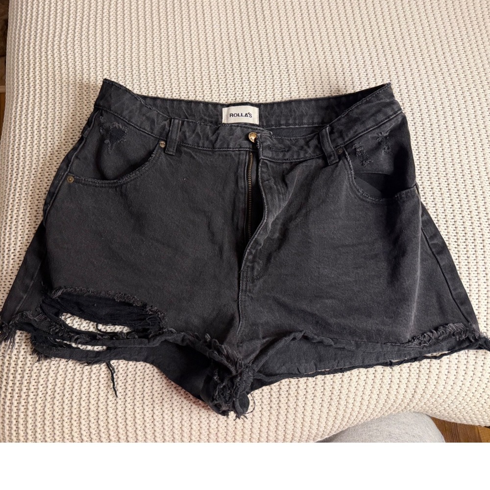 Rolla's Free People High Rise Distressed Denim Shorts Washed Black Size 32